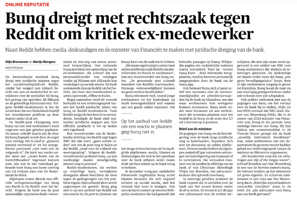 bunq wil online reputatie beschermen en dreigt met rechtszaak tegen Reddit